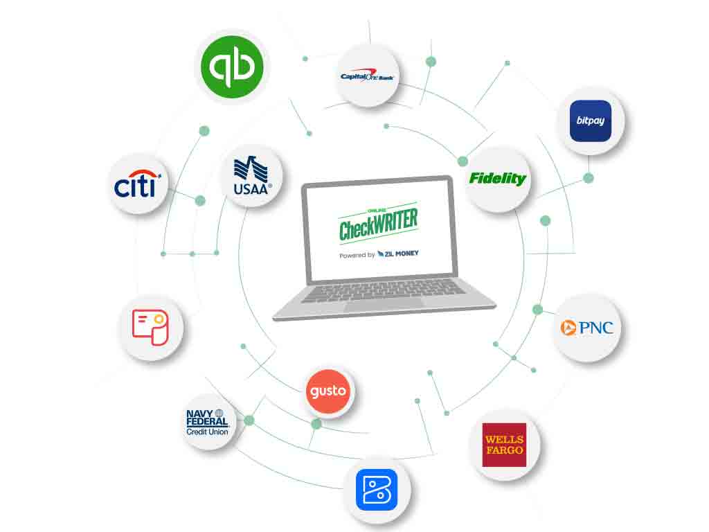 A Screen Showing Multiple Integration With the Check Printing Platform, QuickBooks Integration Print Checks. Create & Print Instantly Online On Demand. Use Any Printer, Any Paper. Send eCheck, ACH Wire, eChecks, Mail Checks