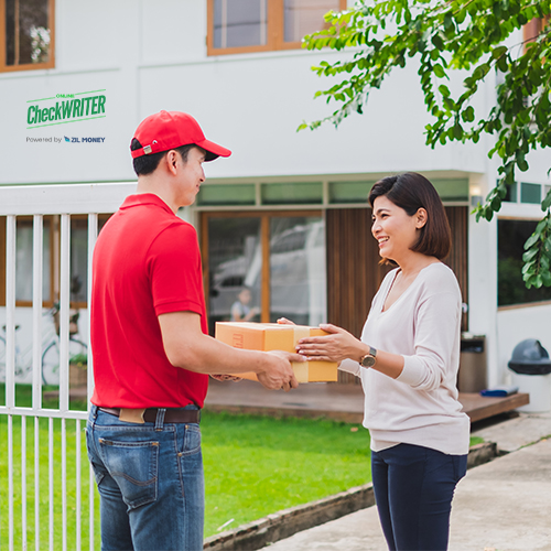 A Man Delivering Checks To a Women. Make Overnight Check Mailing Efficiently For Instant Payments