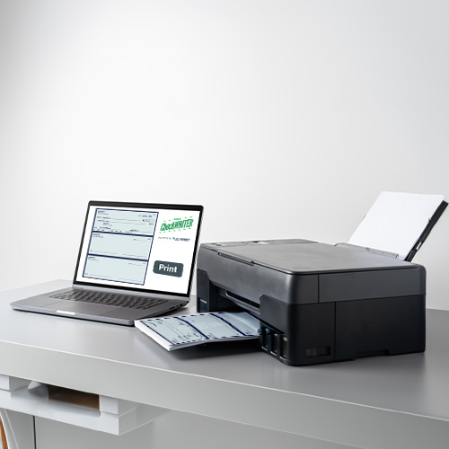 A Printer and a Laptop Printing Checks On Blank Paper, Overcoming the Challenges of Ordering Business Checks with Online Solutions