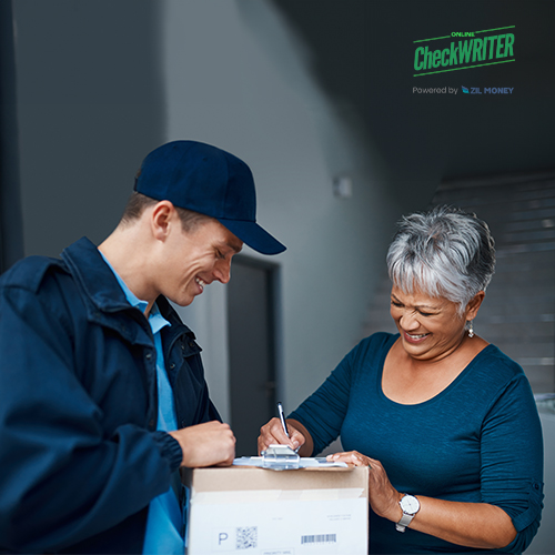 A Delivery Person Packages to a Customer. The Customer Signs a Clipboard. A delivery Boy Hands an Overnight Check Mailing Package to the Customer