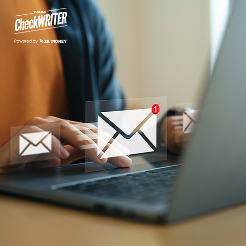 A Person Typing on a Laptop with an Email Icon Showing on the Screen. Simplify Pay with Echeck to Simplify Financial Operations