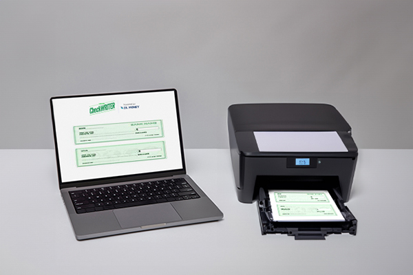 A Laptop and A Printer Printing Checks On Blank Checks Paper. Print Blank Checks Right Away Your Ultimate Solution for Checks