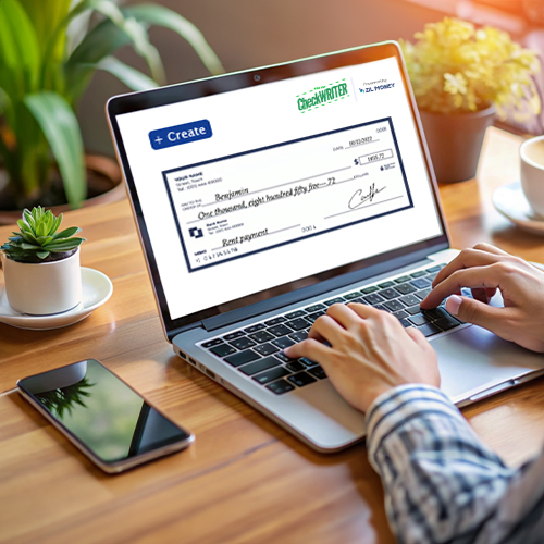 A Person WorKing On Laptop Using Check Creator Online, Create, Print And Send Checks Easily Online Yourself, Simplify Your Check Management with the Check Creator Online