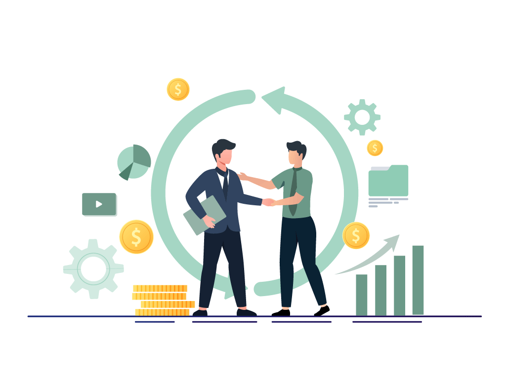 Two Businessmen Shaking Hands in Front of a Circle of Money, Emphasizing Successful Cash Flow Management and Manage Cards Online.