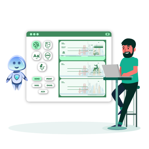 Design Checks on Demand: A Man Sitting at a Desk with a Robot in Front of Him, Engaged in the Process of Customizing Checks for Modern Financial Transactions. Blank Check Stock Buy & Instantly Create, Print