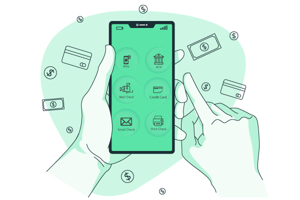 An Illustration of a Hand Holding a Phone with a Payment App on It, Featuring Multiple Payment Options, Showcasing the Versatile Capability to 'Bulk Payment' Effortlessly