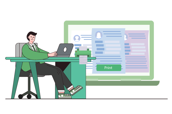 The Man Is Seated Next to the Printer, Set to Print Payroll Check. Represents Payroll Check Printing Software