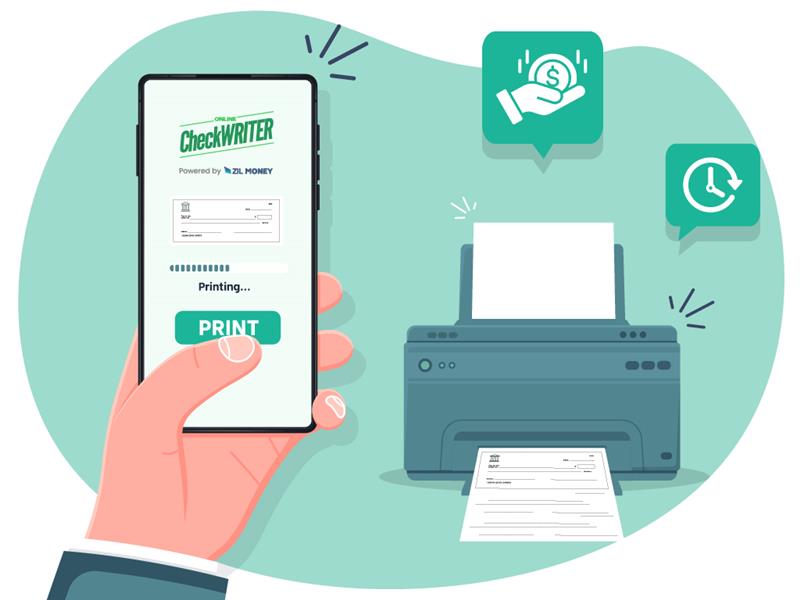 A Hand Holding a Smartphone Displaying an EZ Checks Alternative, OnlineCheckWriter.com - Powered by Zil Money App with a Print Button. Nearby, a Printer Is Printing Checks Online