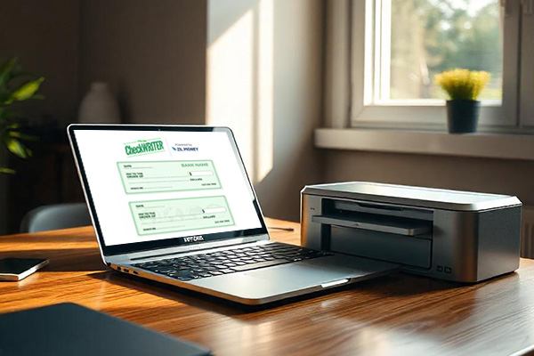 A Laptop And A Printer Printing Checks, Making Payments Easier Business Checks Printing. Print Efficiently And Cost Savings For Business