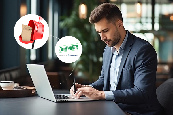 A Man Using A Laptop Next To A Screen Showing Optimize Financial Processes with Checks By Mail