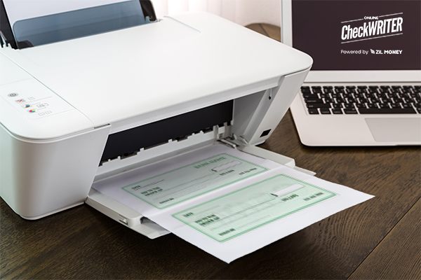 A Laptop And A Printer Printing Checks and Making Payments. Use PrintBoss Alternative Effortless Check Printing and Mailing