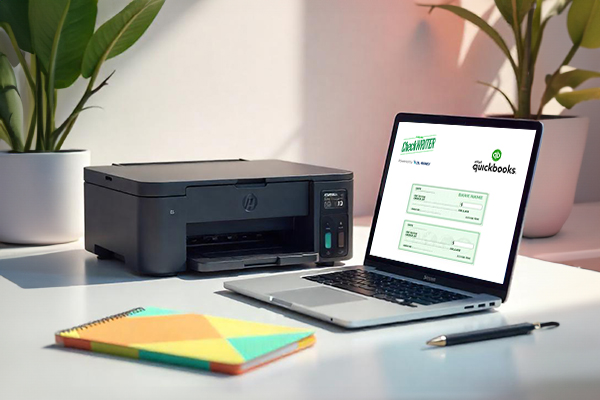 A Laptop And A Printer Printing Checks, Making Payments Easier QuickBooks Check Printing Software for Small Businesses