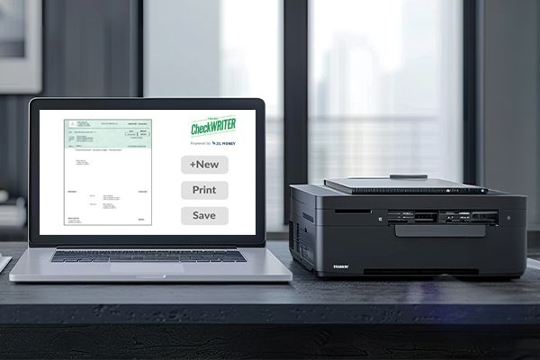 A Laptop And A Printer Printing Checks, Making Payments Easier Check Creation Software. Print Efficiently And Cost Savings For Business