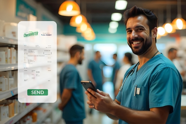 A Happy Man in a Pharmacy Store Holds a Smartphone, Showcasing the Benefits of Digital Checks for Independent Pharmacies