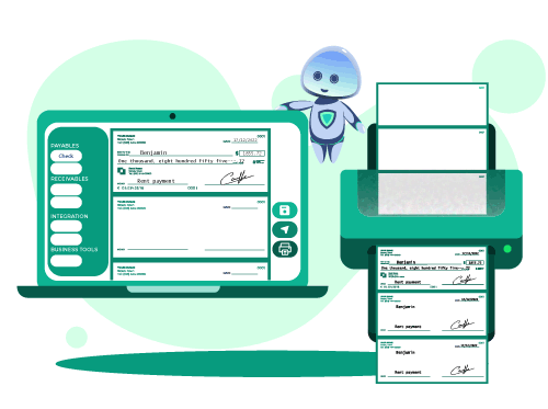 Image That Shows A Printer and Screen Displays Check Design Templates. That Use Check Designer Software