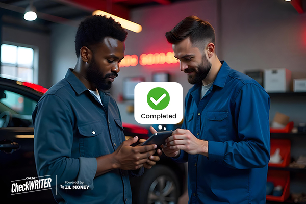 Two Auto Repair Shops Employees Creating Checks, Simplify Payments The Checks Unlimited Alternative for Auto Repair Shops