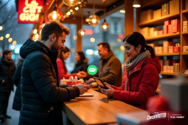 A Man Makes a Payment Via Check Mailing Using His Phone. Simplify Payment for Gift Shop Owners This Holiday Season