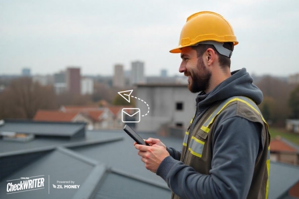 A Man Makes a Payment Via Check Mailing Using His Phone. Simplify Roofing Payments