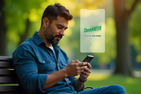 A person On a Bench Using A Smartphone For Transactions, Online Sellers Simplify Your Finance Recording and Transactions with the Clear Checkbook Alternative