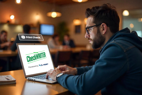 A Person Working On A Laptop. That Shows the Platform Interface, He is Print Checks Instantly Instead Of Order Personal Checks