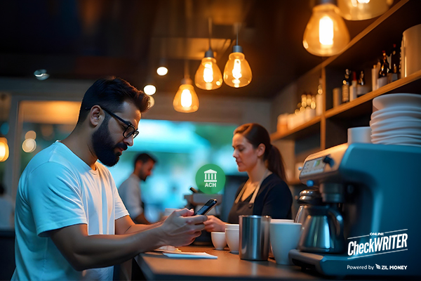 A Man Holding a Smartphone In a Coffee Shop Makes ACH Transfer. A Better Way to Pay for Coffee Carts