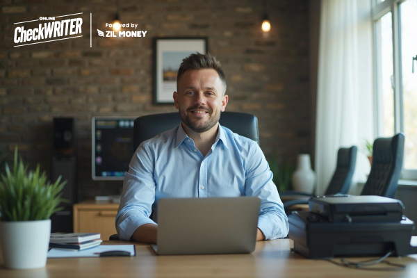 A Man Using Computer and Printer to Print Check, Instead of Buy Checks Online. Save Time and Eliminate Delays