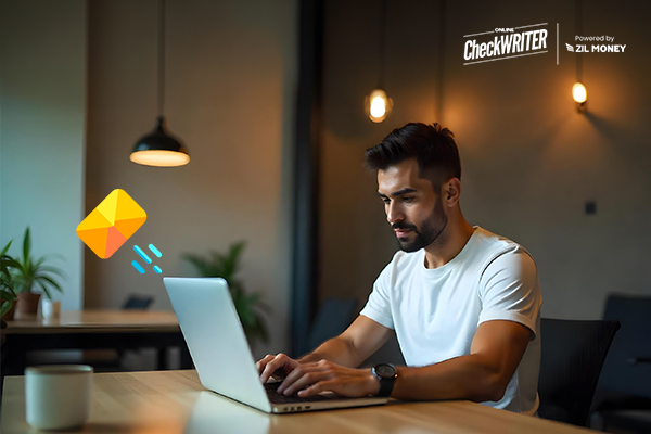 A Person Working On a Laptop that Shows Platform Interface. Makes Check Mailing. Simplify and Automate Secure Payment Delivery