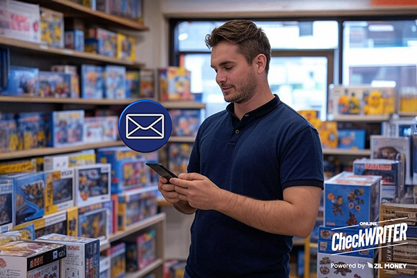 A Man Holding a Smartphone In a Toy Shop Sending Checks Via Mail. Efficient Online Check Mailing Solution for Your Toy Stores!