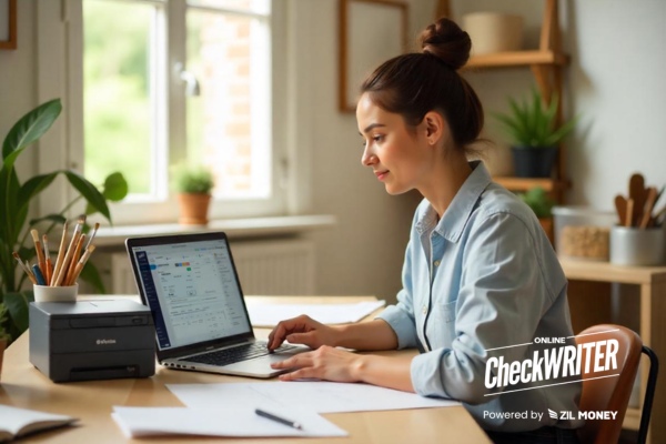 A Woman Use Laptop to Print Checks Using Free Check Printing Software for Cost-Effective Payments