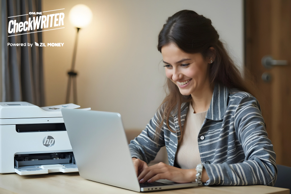 A Woman Working On Laptop Using Free Software for Printing Checks, Streamline Payments Easily for Cost-Effective Payments