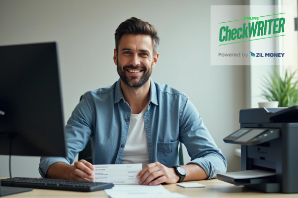 A Person Sitting Infront of a Monitor And a Printer Printing Checks Online On Demand. Get Inexpensive Checks Online Easily and Make Payments Faster