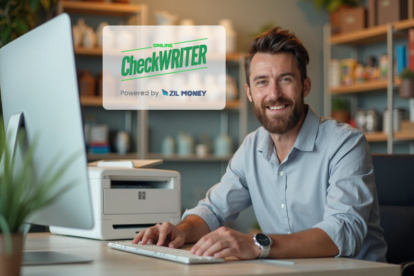 A Man Using Computer and Printer to Print Check, Instead of Order Business Checks Online. Save Time and Eliminate Delays