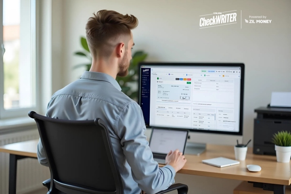 A Person Sitting Infront of a Screen Creating And Printing Checks. Planning to Start a Business in 2025 Create & Print Bank Checks!
