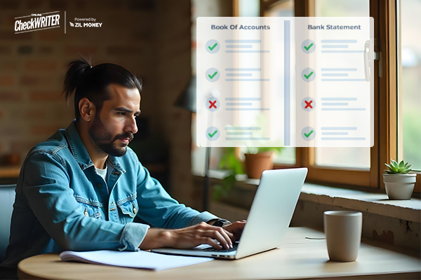 A Person Using a Laptop to Reconcile Payments, Strengthen Your Business Foundation The Impact of Regular Bank Reconciliation