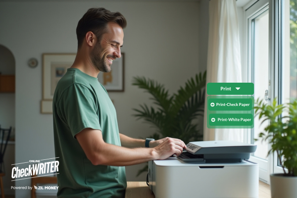 A Person Standing Next to a Printer Printing Checks Using The Best Online Check Printing