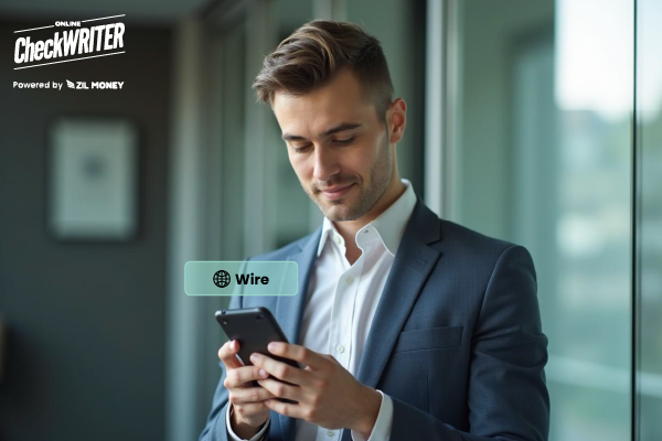 A Man in a Suite Holding a Smartphone Sending International Payments