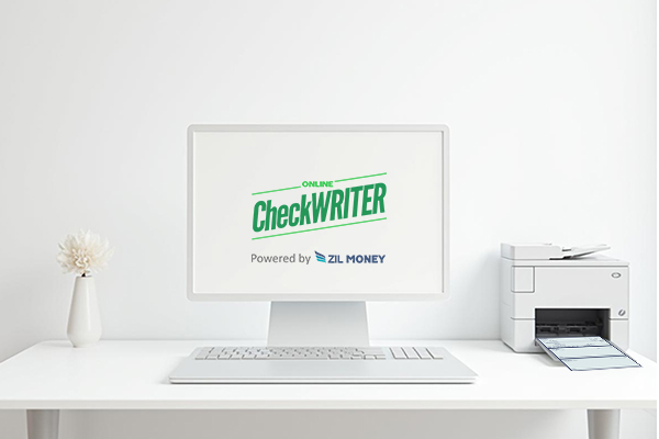 A Computer Screen Shows the Platform Interface, Near by a Printer to Print Checks. Save Time, Eliminate Delays, and Customize Checks On-Demand with Ease