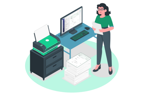 A Woman Using A Printer To Print Checks Easily. That Represents First Class Check Mailing USPS Canada for Just $1.25. Fast, Secure Delivery, Tracking