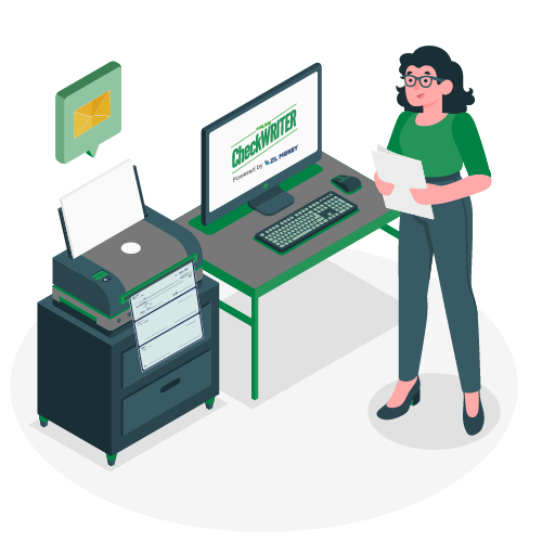 A Woman Using A Laptop and Printer, Effortless Check Printing & Mailing, Integrate Health Care Accounting Software to Manage Financials Securely