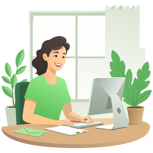 A Woman Using A Computer to Mail Checks Easily. No More Post Office Runs. Overnight Check Mailing, Secure Payments with FedEx & USPS