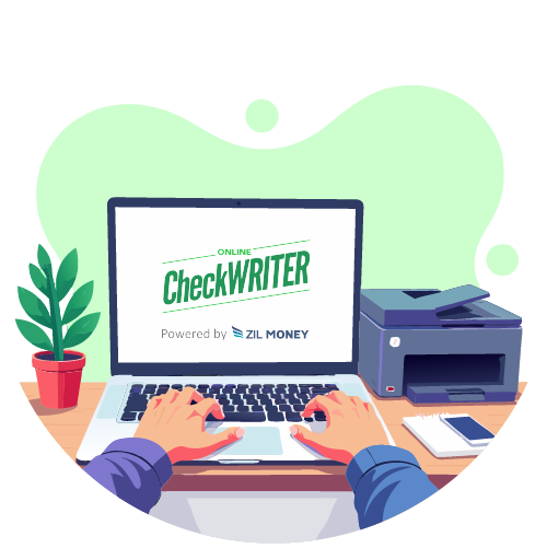 A Man Using A Laptop and Printer to Print Checks Easily. Send Checks Quickly with Overnight Check Mailing Canada. Print, Label, and Mail Checks Via USPS or FedEx with Guaranteed Overnight Delivery