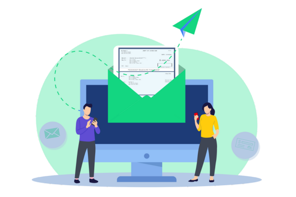 An Image that Shows A Man and a Woman Sending Checks Via Mail. That Represents First Class Check Mailing USPS Canada for Just $1.25. Fast, Secure Delivery, Tracking