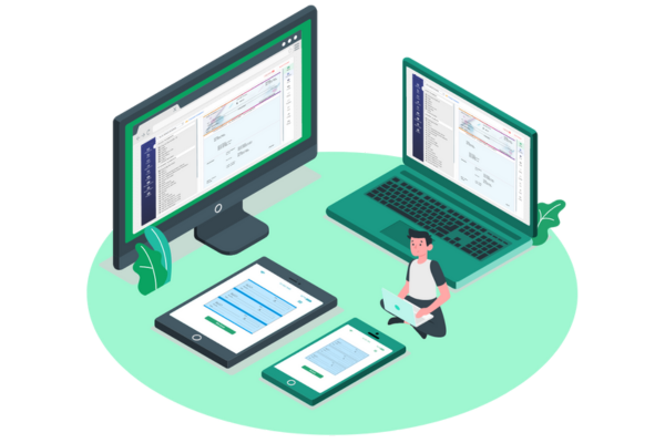 An Image That Shows a Man Using A Computer, Phone, And Tablet to Mail Checks. That Represents First Class Check Mailing USPS Canada for Just $1.25. Fast, Secure Delivery, Tracking