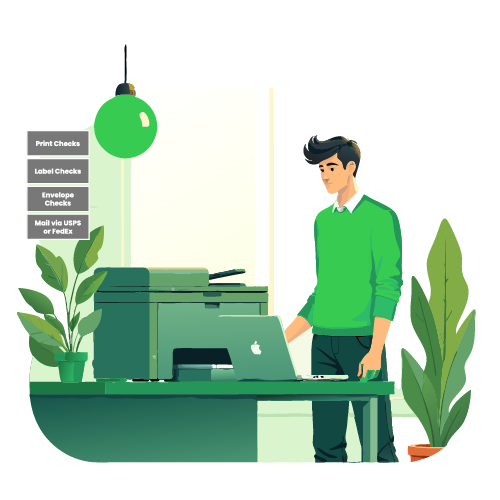 A Man Using A Printer To Print Checks Easily. Send Checks Quickly with Overnight Check Mailing Canada. Print, Label, and Mail Checks Via USPS or FedEx with Guaranteed Overnight Delivery