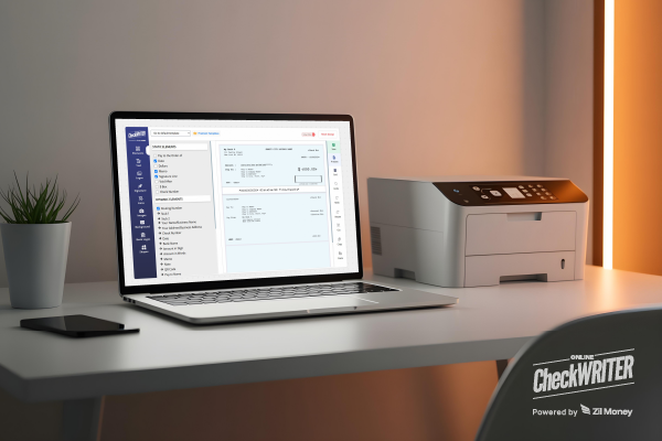An Image that Represents a Printer and a Laptop, That Laptop Shows a Platform Interface. Represents Deluxe Checks Alternative