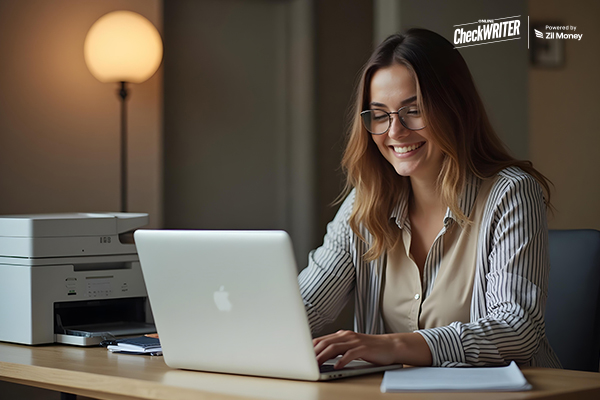 A Woman Using A Laptop and Printer To Print Checks Easily. Represents Free Check Printing Software with Fast and Secure.
