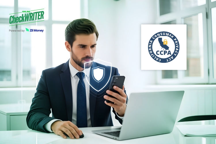 A Man in a Suit Working On a Laptop. OnlineCheckWriter.com – Powered by Zil Money Is Now CCPA Compliant