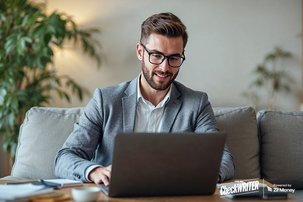 A Man Using A Laptop To Use A Check Printing Platform Instead of Order Checks Online. Print Instantly from Your Desk. Save Up to 80% and Manage Payments Easily with Secure, Flexible Check Printing