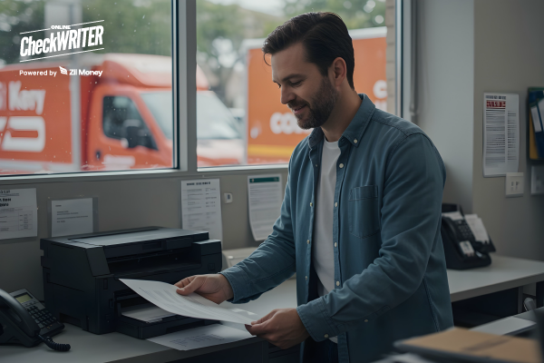 Unlimited Checks Being Printed by a Delivery Business Owner Using a Standard Printer in an Office, with Delivery Trucks Visible Outside the Window.