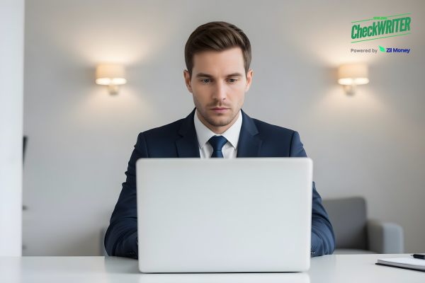 A Man Using A Laptop To Make Vendor Payment. Flexible, Fast, and Secure Solutions